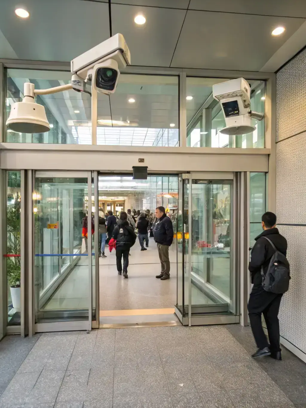 A commercial building entrance with visible security cameras and access control systems, emphasizing business security.