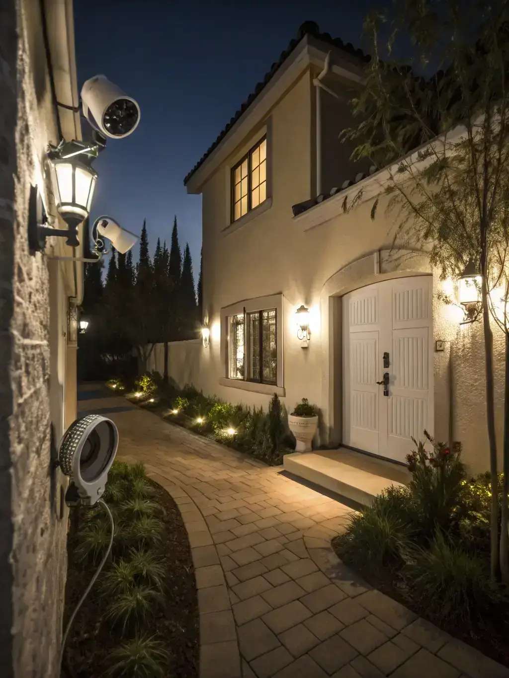 A modern house exterior at dusk, showcasing a visible security camera mounted near the front door, subtly lit, emphasizing home security.